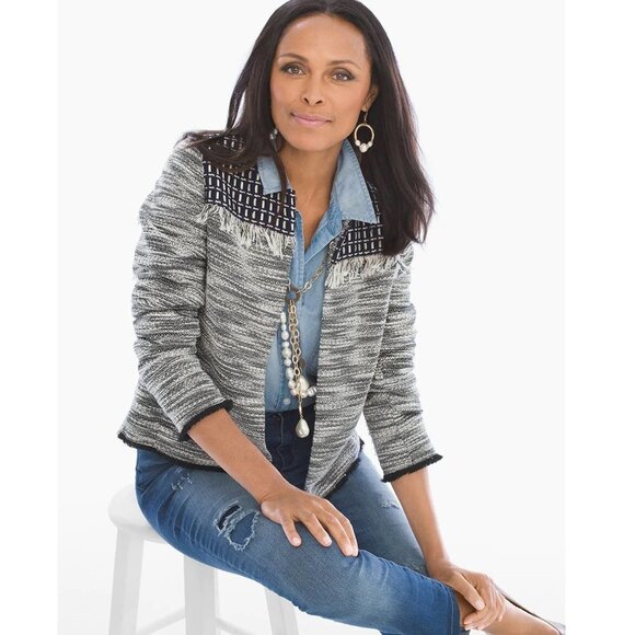 Chico's Jackets & Blazers - Chico’s Long Sleeve Pieced Detail Jacket Black/White/Blue Casual Blazer P3378